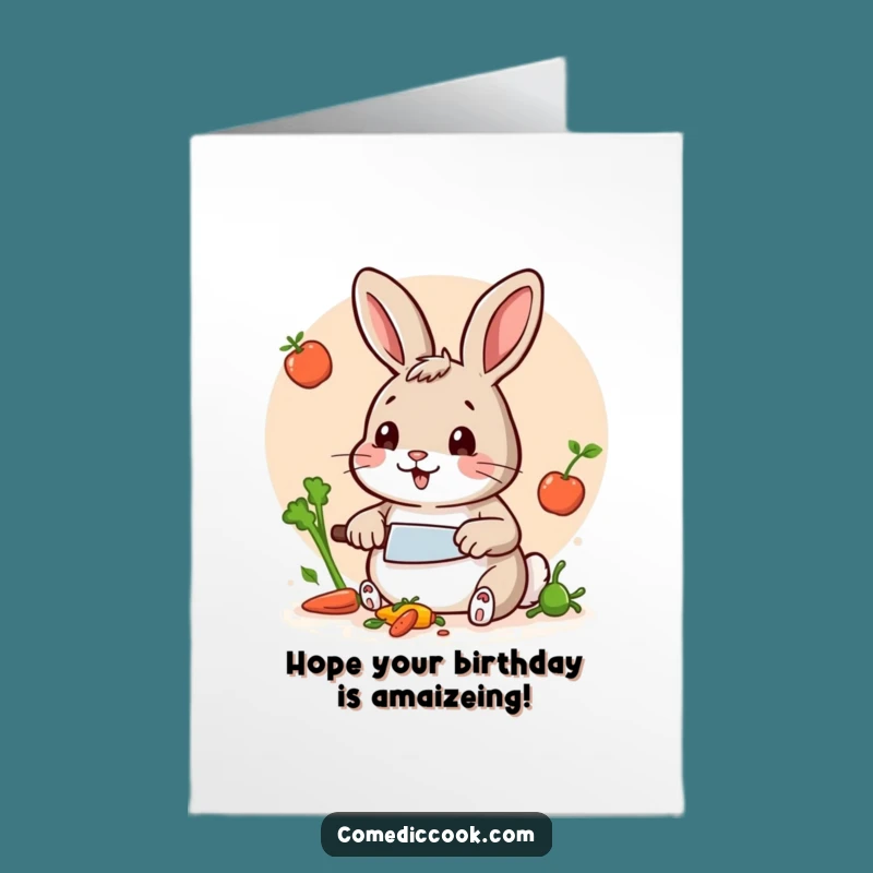 Free Printable Birthday Card: Rabbit Chef Chopping Veggies Funny Downloadable Gift
