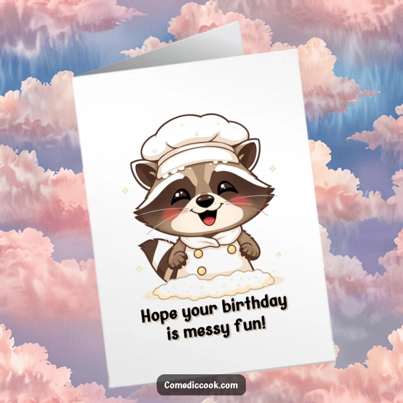 Funny Free Printable Raccoon Chef Birthday Card: A flour-covered raccoon chef giggling mischievously.