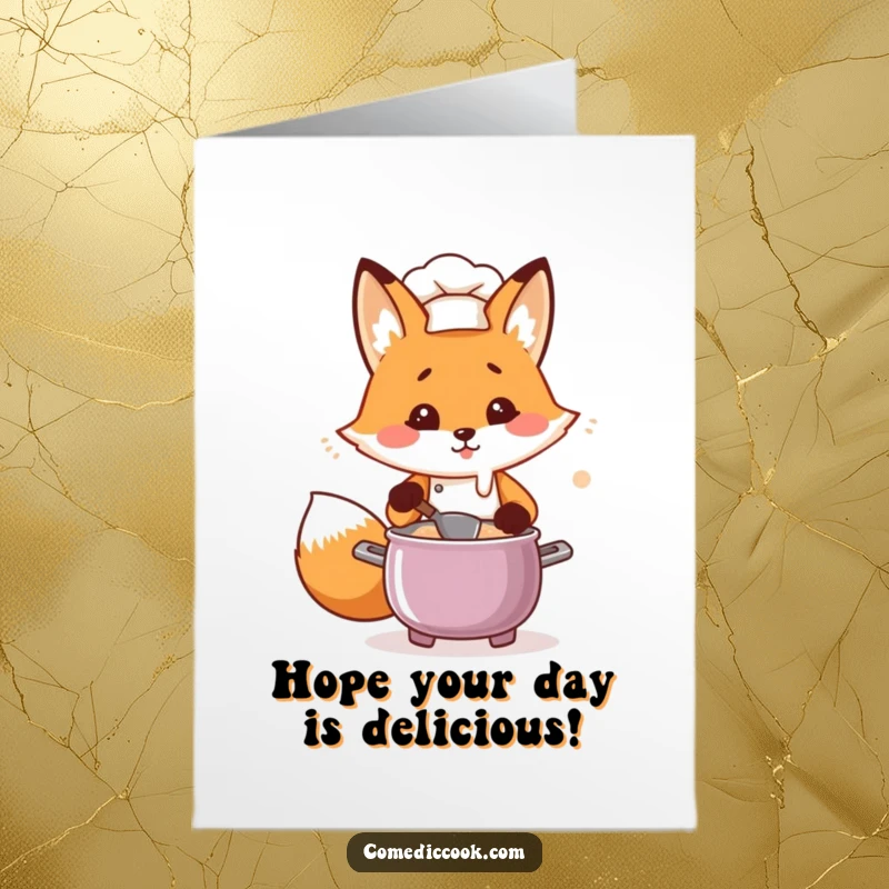 Funny Free Printable Kawaii Fox Chef Birthday Card, hilariously flustered, stirring a bubbling pot, for a downloadable DIY gift.