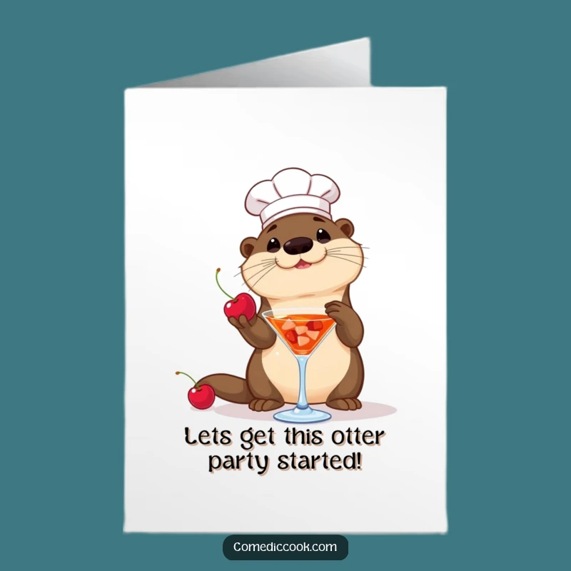 Free Printable Otter Chef Birthday Card: Cocktail Cherry Funny Downloadable Gift
