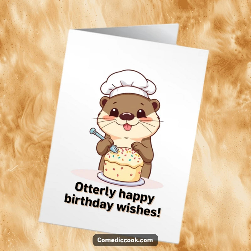 Funny Free Printable Birthday Card: Happy otter chef joyfully decorating a small cake with sprinkles.