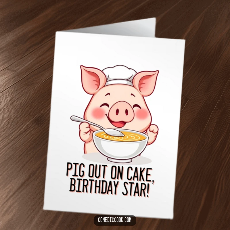 Funny free printable birthday card: A happy pig chef joyfully tastes soup with a tiny spoon, ready to celebrate.
