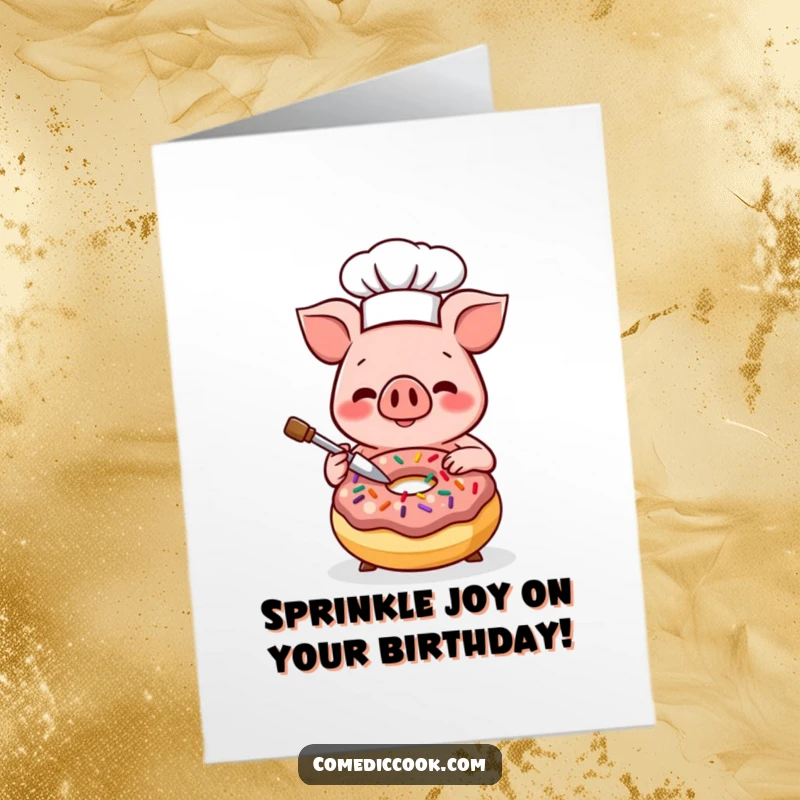 Funny Free Printable Birthday Card featuring a smiling Kawaii pig chef adorning a colorful donut with bright sprinkles, ready for joy.