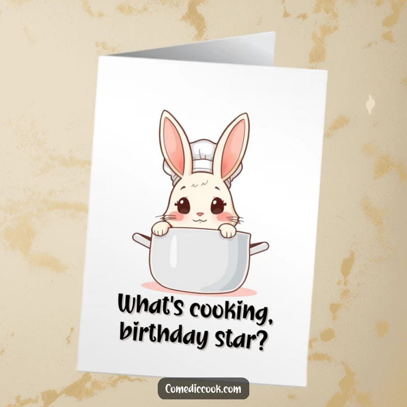 Funny Free Printable Birthday Card: Cute rabbit chef peeking curiously into a steaming pot, ready for celebration.