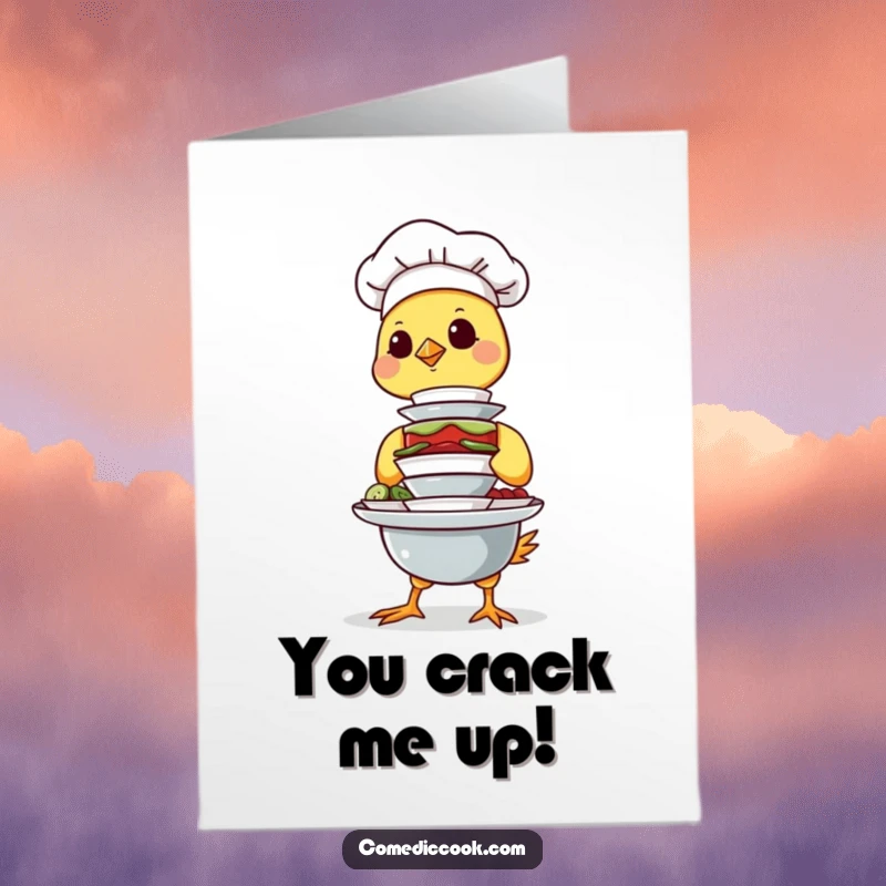 Funny Free Printable Birthday Card: Determined chick chef precariously balancing a stack of tiny dishes, celebrating with focused humor.