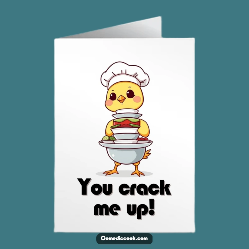 Free Printable Birthday Card: Chick Chef Balancing Dishes Funny Downloadable Gift