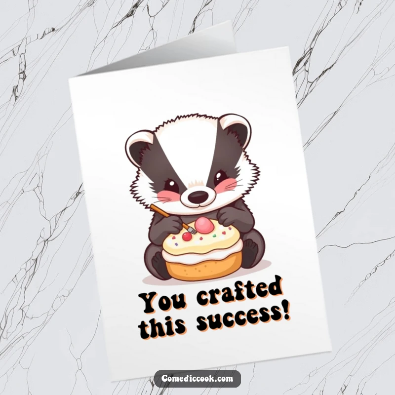 Funny Free Printable Congratulations Card: Badger meticulously decorating a tiny pastry, precise, baking, success, download.