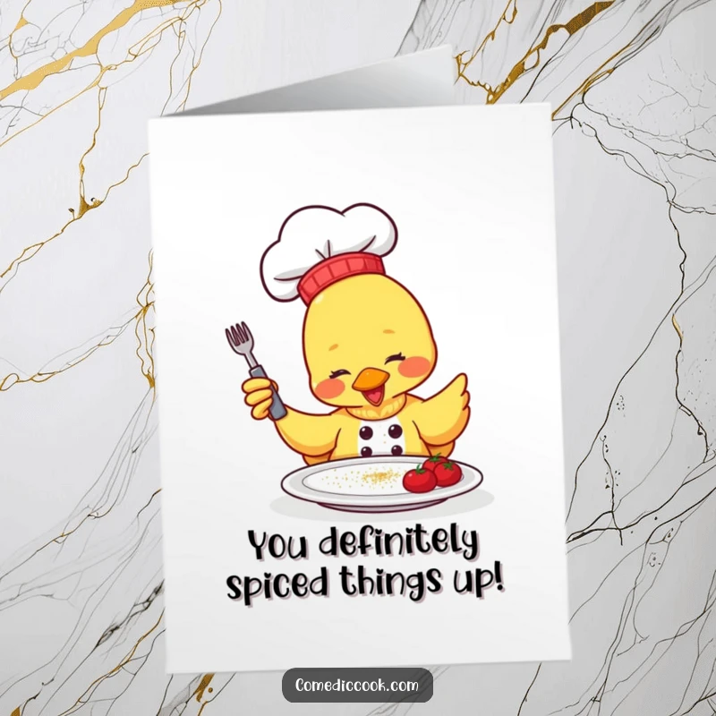 Funny Free Printable Congratulations Card: A joyful duck chef gleefully sprinkles seasoning onto a plate, celebrating success.