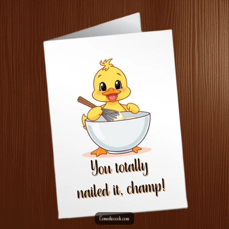 Funny Free Printable Congrats Card: A cheerful duckling chef enthusiastically whisks batter, celebrating your success with baking joy.