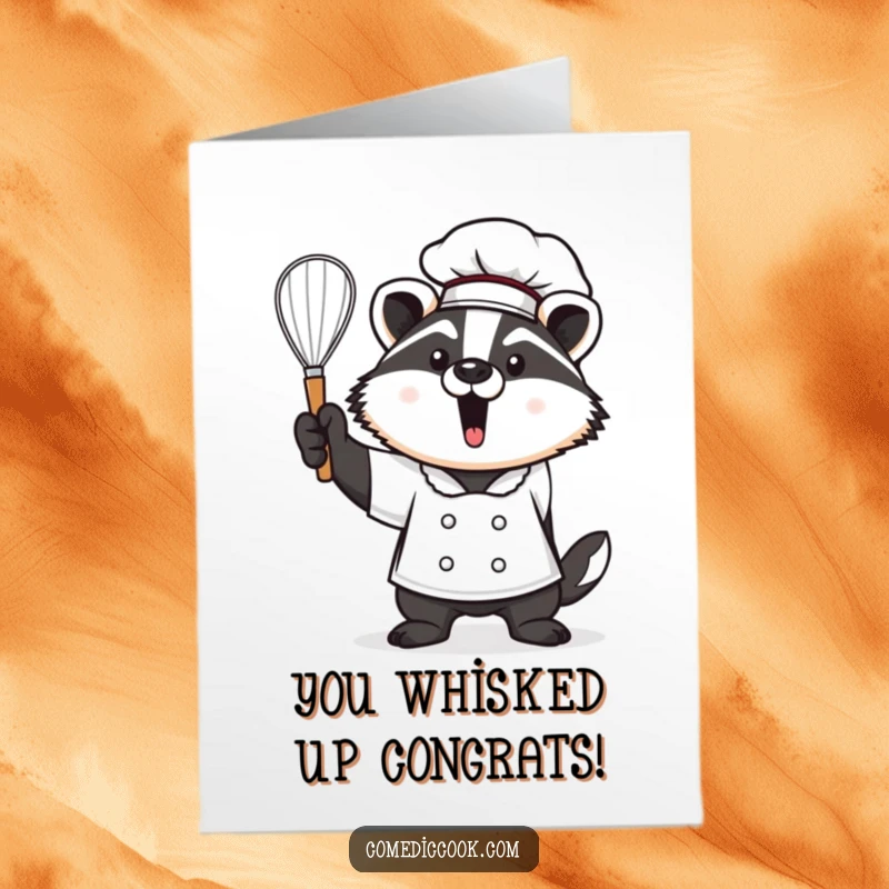 Funny Free Printable Congratulations Card showing a proud Kawaii badger chef holding a whisk high, signifying a successful culinary feat.
