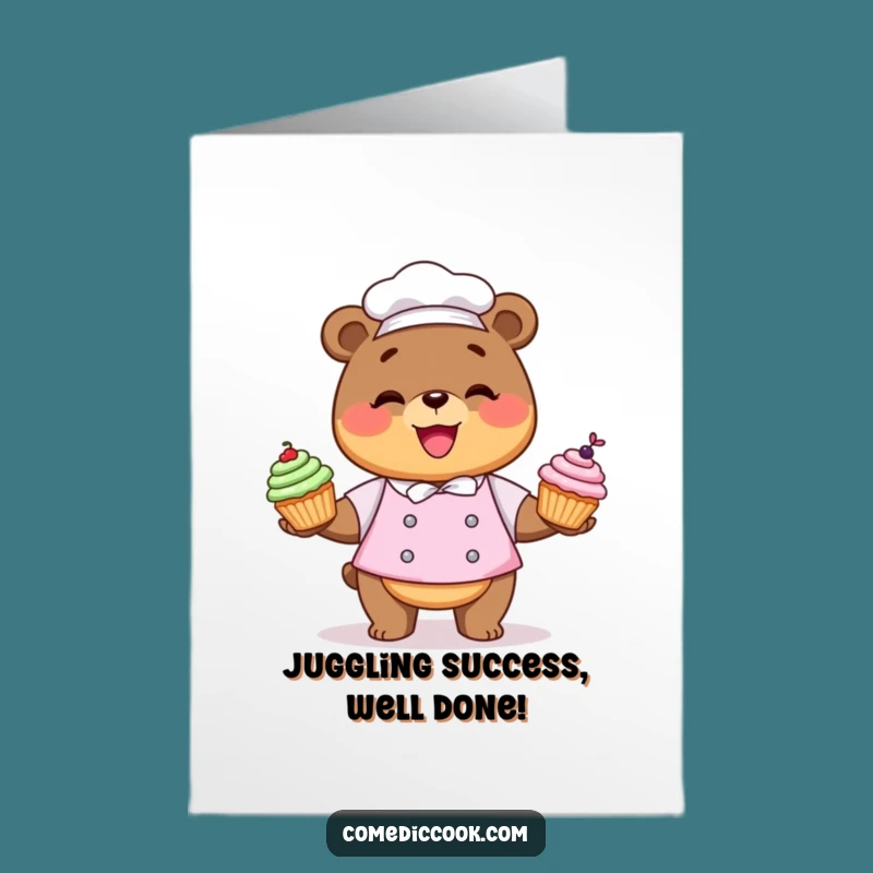 Free Printable Congrats Card: Kawaii Bear Chef Cupcake Juggling Success