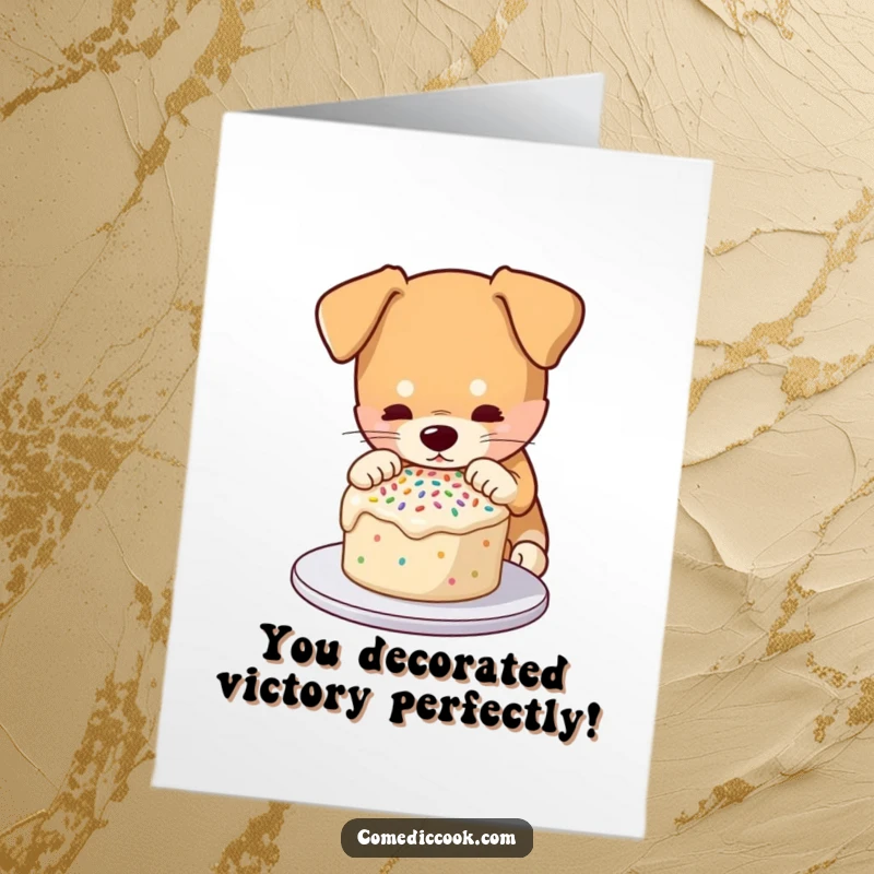 Funny free printable congratulations card: a dog carefully adds sprinkles to a small cake, a sweet downloadable art.