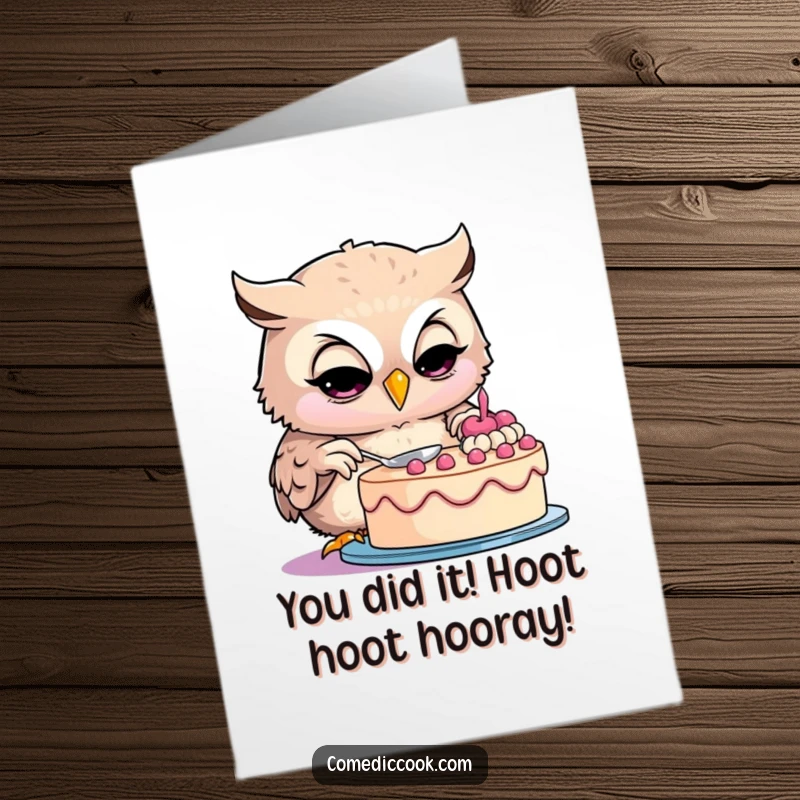Funny Free Printable Congratulations Card: Wise owl proudly admires a perfectly frosted cake, celebrating a big win.