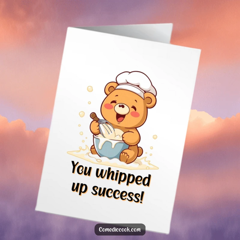 Funny Free Printable Chef Bear Congratulations Card: Kawaii bear chef celebrating a baking triumph.