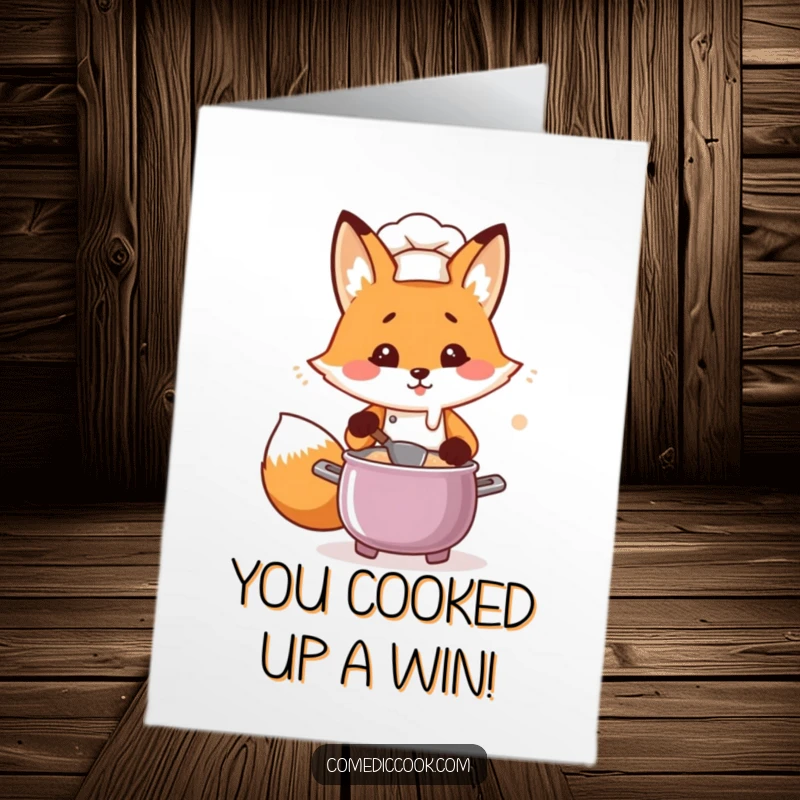 Funny Free Printable Kawaii Fox Chef Congratulations Card, fumbling with a pot, for a delightful downloadable gift.