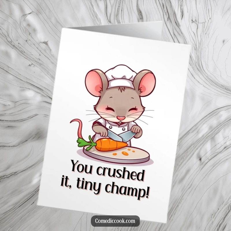 Funny free printable congratulations card: A concentrated mouse chef meticulously slices a tiny carrot with a small knife, celebrating your win.