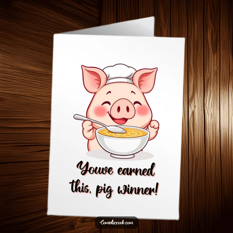 Funny free printable congratulations card: A smiling pig chef savors soup with a tiny spoon, celebrating your success.