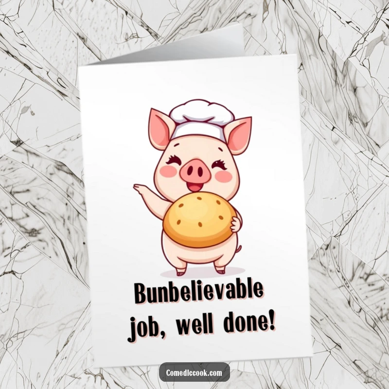 Funny Free Printable Pig Chef Congratulations Card: A pig chef presenting a delicious baked bun, celebrating success.