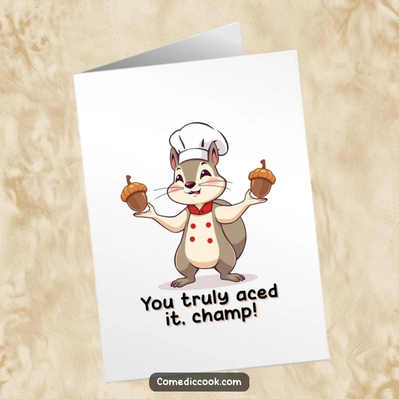 Funny Free Printable Congratulations Card: Determined squirrel chef triumphantly juggling acorns, celebrating a fantastic accomplishment.