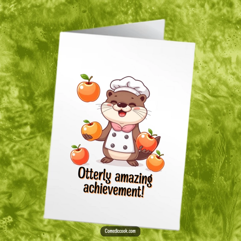Funny Free Printable Congrats Card: A grinning otter chef expertly juggles three shiny apples, celebrating success with skill and cheer.