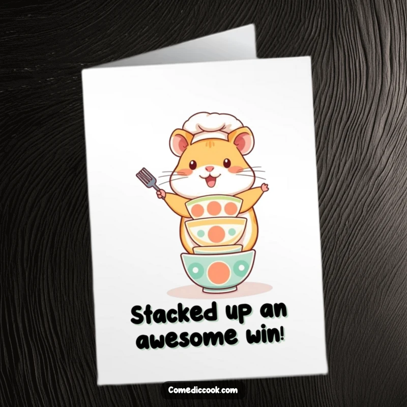 Funny Free Printable Congratulations Card showing a playful Kawaii hamster chef balancing many tiny bowls, perfect for celebrating success.
