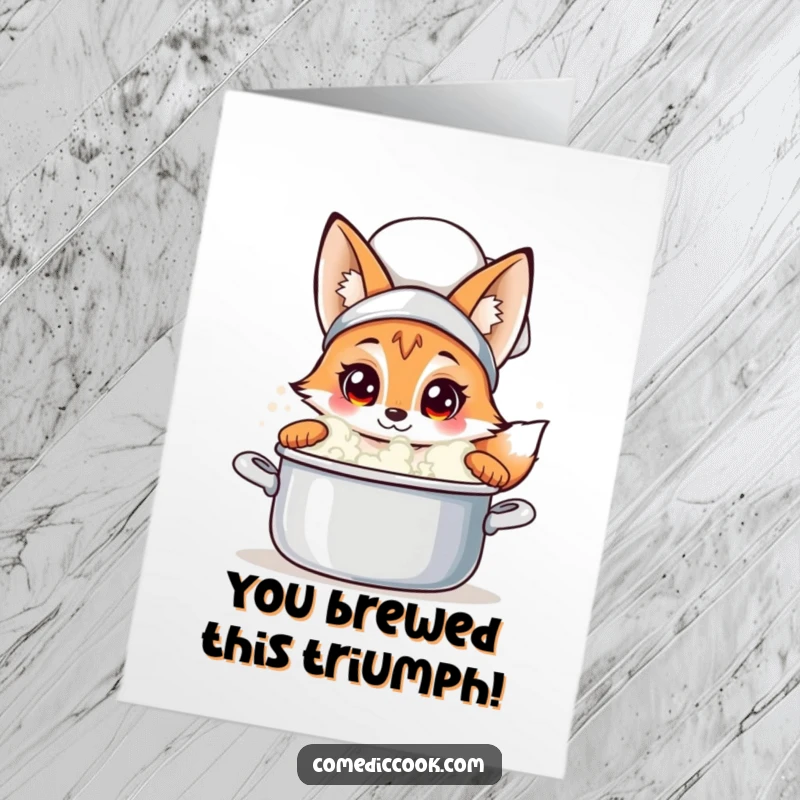 Funny Free Printable Congrats Card: Fox chef curiously peeking into a bubbling pot, uncovering great news.