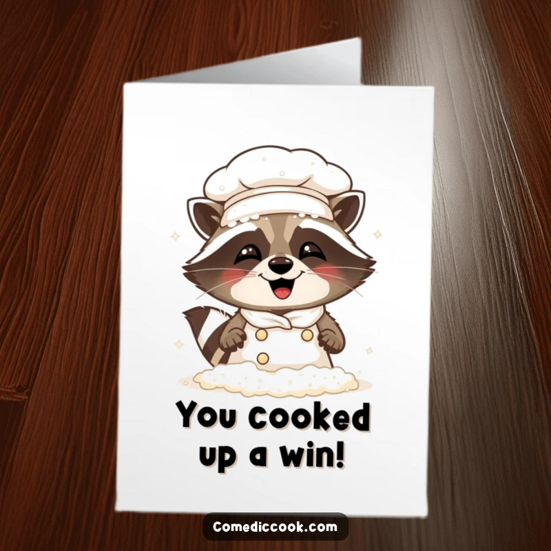 Funny Free Printable Raccoon Chef Congratulations Card: A giggling, flour-dusted raccoon chef celebrating an accomplishment.