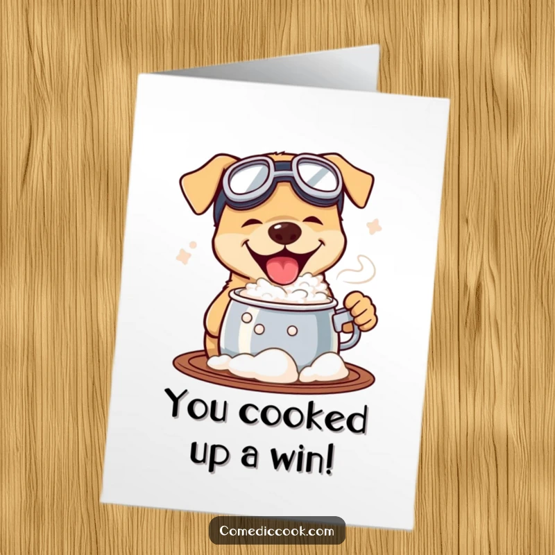 Funny free printable congratulations card: a dog wearing goggles tastes a bubbling pot with enthusiasm, a bold downloadable art.