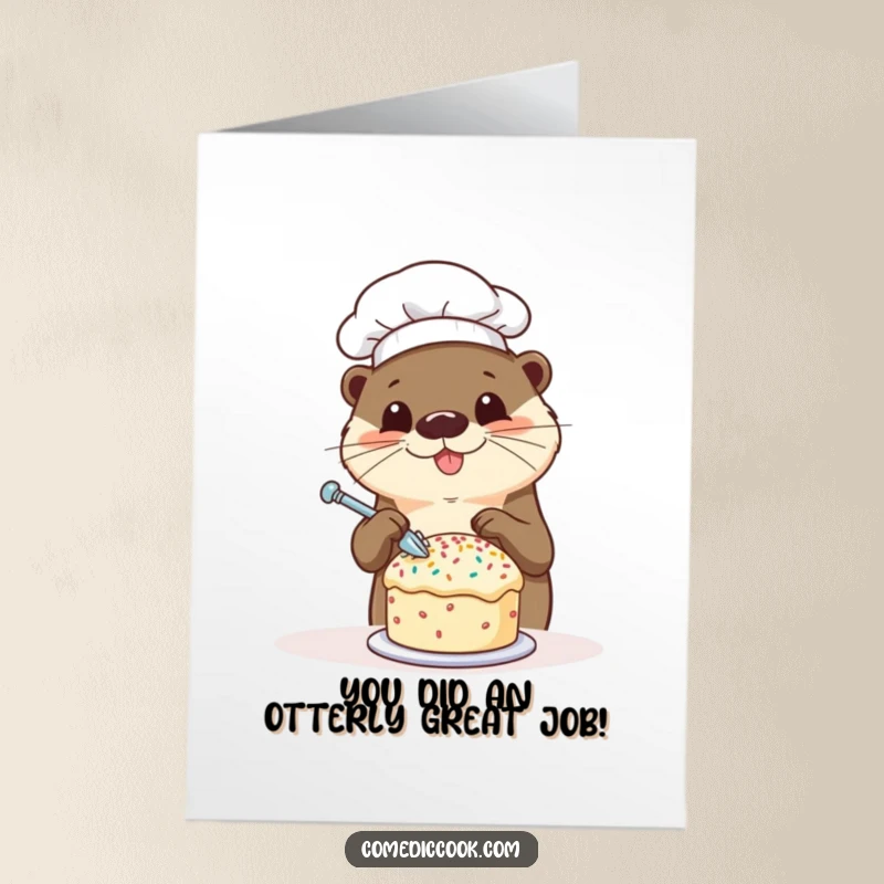 Funny Free Printable Congrats Card: Happy otter chef decorating a cake, celebrating milestones with sprinkles.