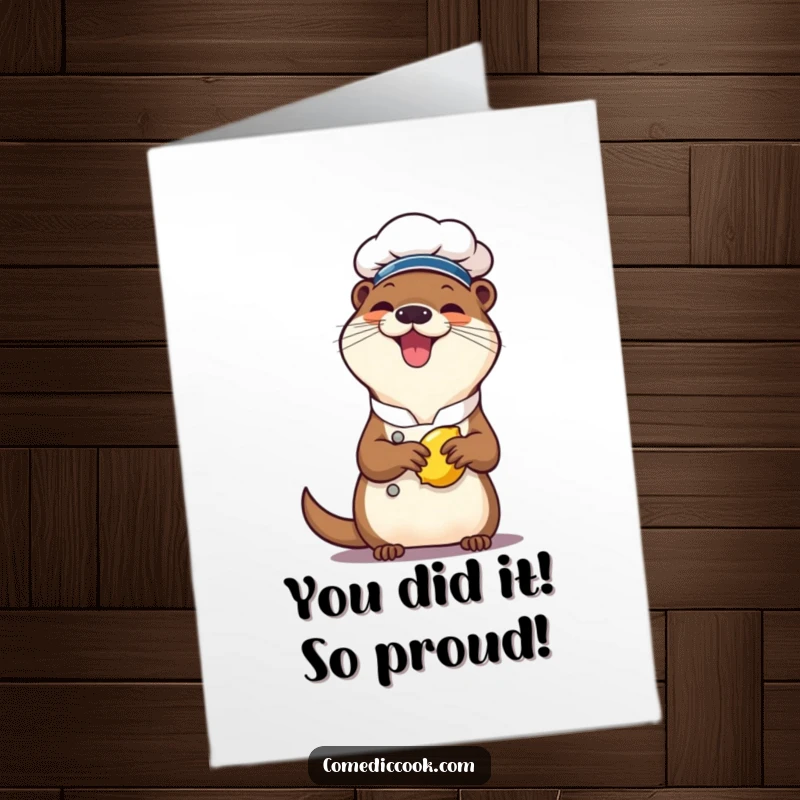 Funny Free Printable Congratulations Card: Giggling otter chef enthusiastically squeezes a lemon, celebrating a sweet victory.