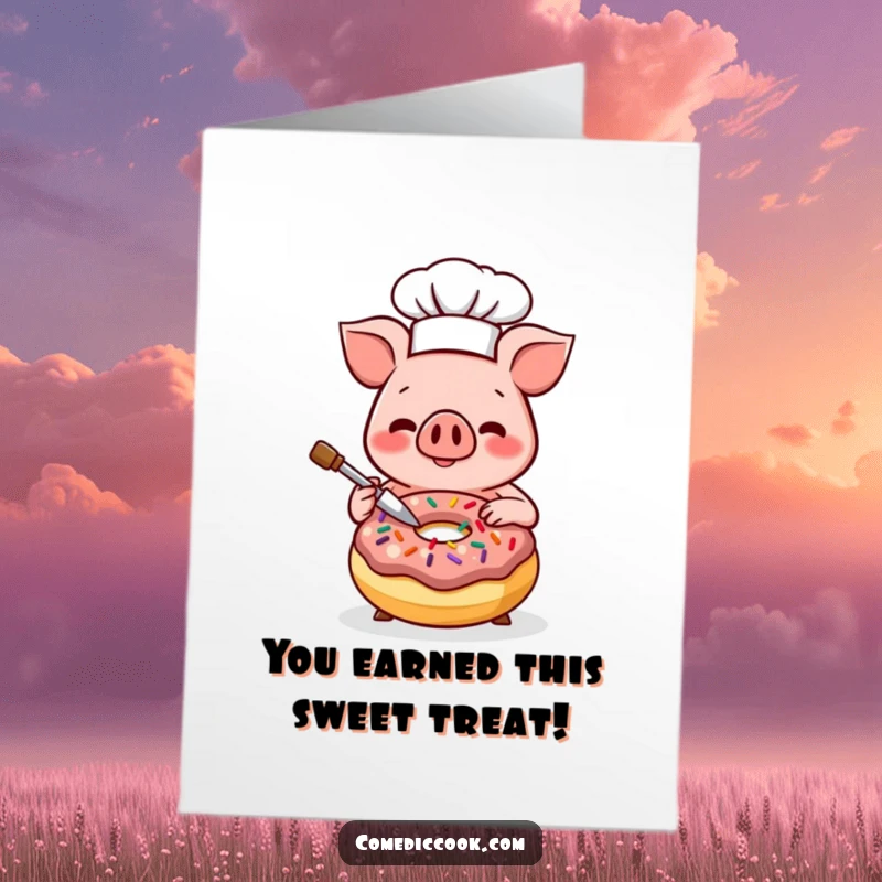 Funny Free Printable Congratulations Card showing a smiling Kawaii pig chef decorating a donut with sprinkles, celebrating success.