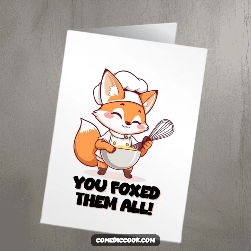 Funny Free Printable Congratulations Card: Fox chef winking while whisking, successful, culinary genius, download.