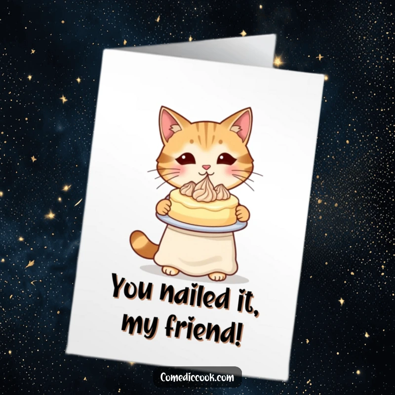 Funny Free Printable Congratulations Card: Cat in apron presenting a beautiful cake, baking talent, celebration, download.