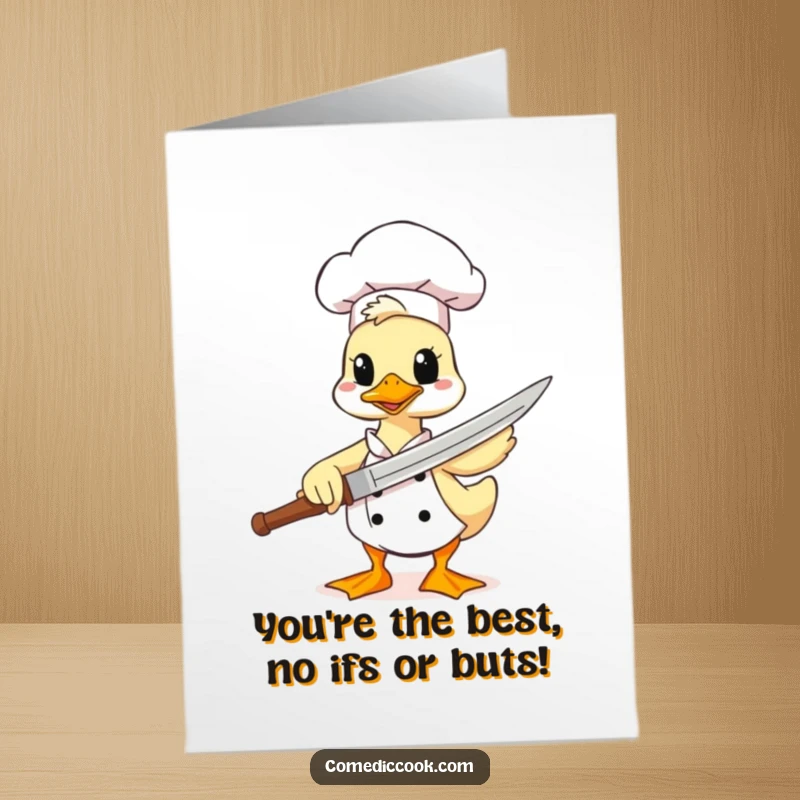 Funny Free Printable Congratulations Card: Duck chef comically charges forward, using a spatula as a sword in triumph.