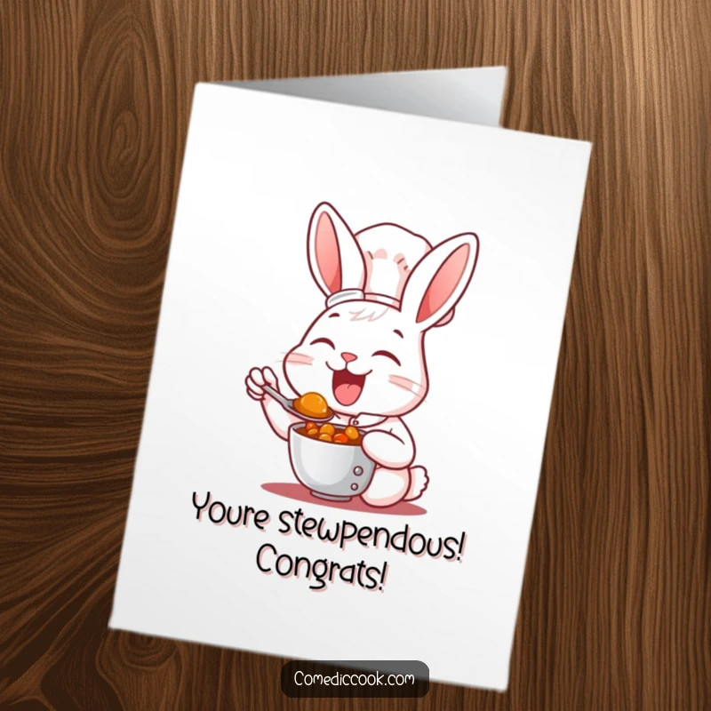 Funny Free Printable Congratulations Card: Rabbit chef with a spoonful of stew, celebrating a job well done.