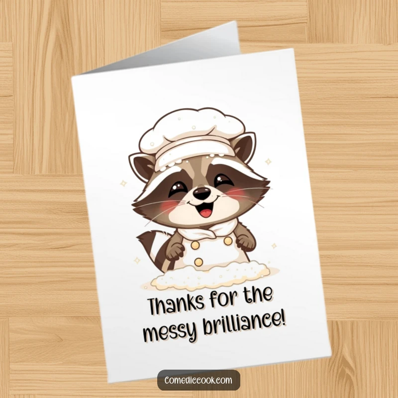 Funny Free Printable Raccoon Chef Thank You Card: A mischievous raccoon chef covered in flour, offering thanks.