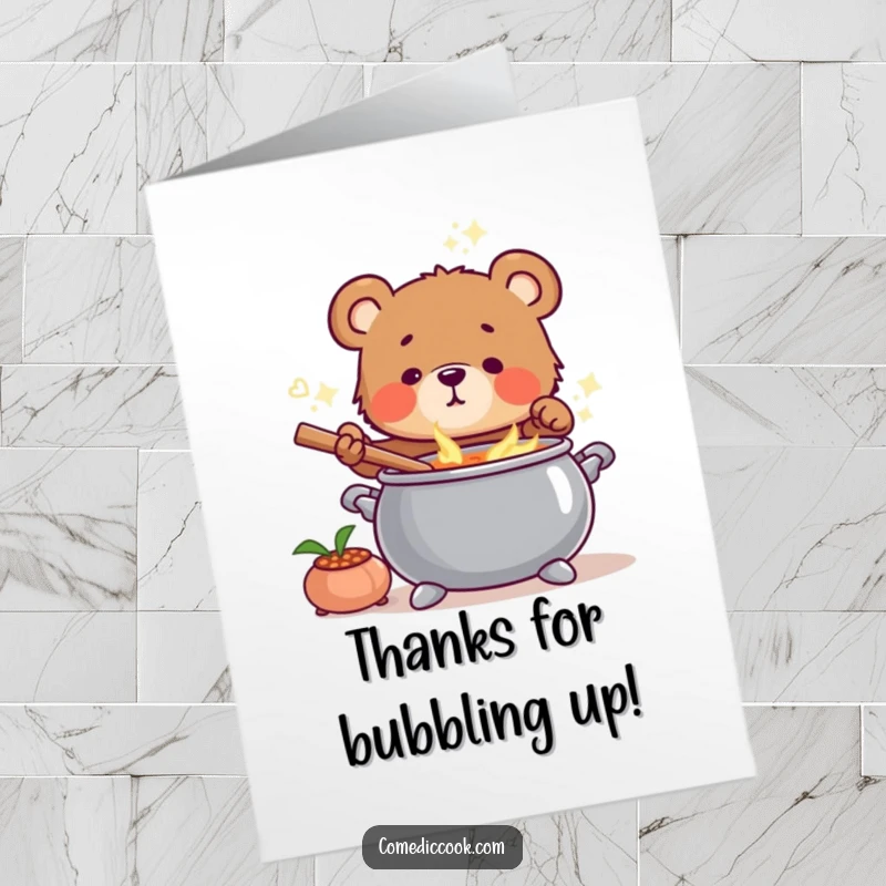 Funny Free Printable Thank You Card: Bear cub stirring a cauldron, grateful, chef, sweet message, download.