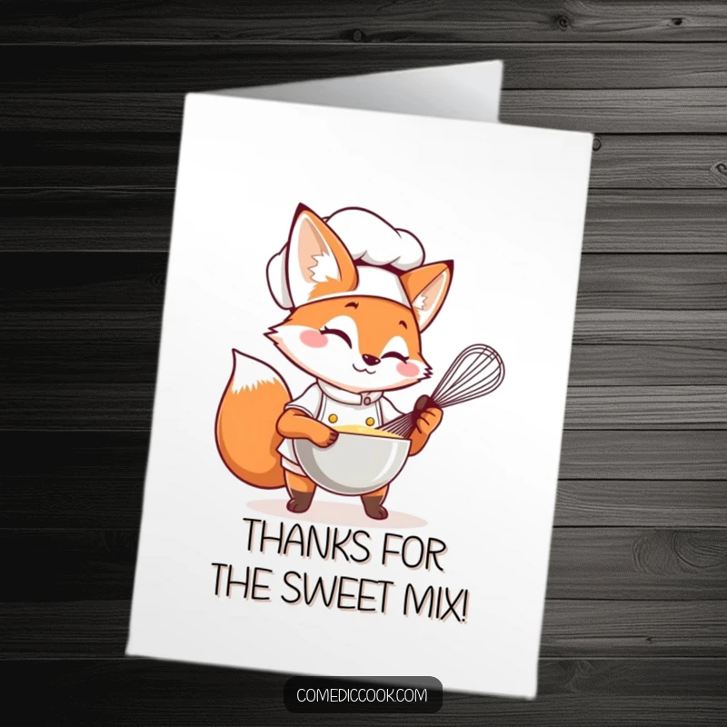 Funny Free Printable Thank You Card: Fox chef whisking, showing thanks, culinary gratitude, download.