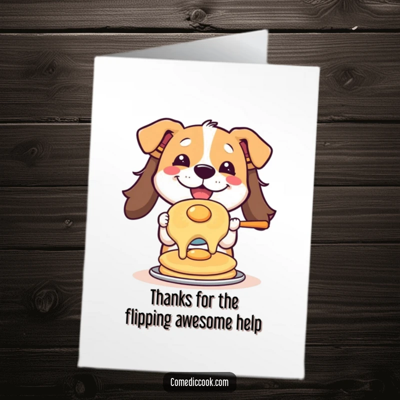 Funny free printable thank you card: a happy dog flips a pancake with flair, a charming downloadable art.