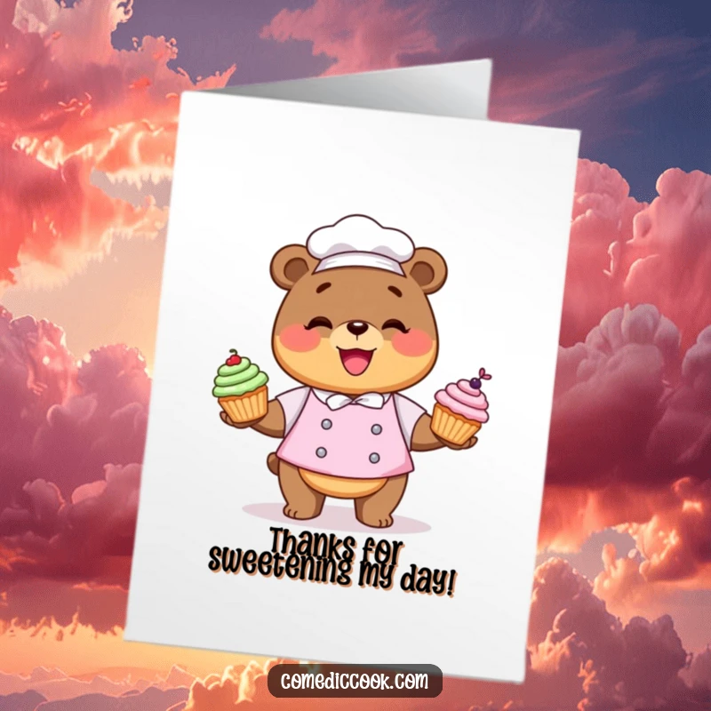 Funny Free Printable Thank You Card: A smiling Kawaii bear chef juggles three delightful cupcakes.