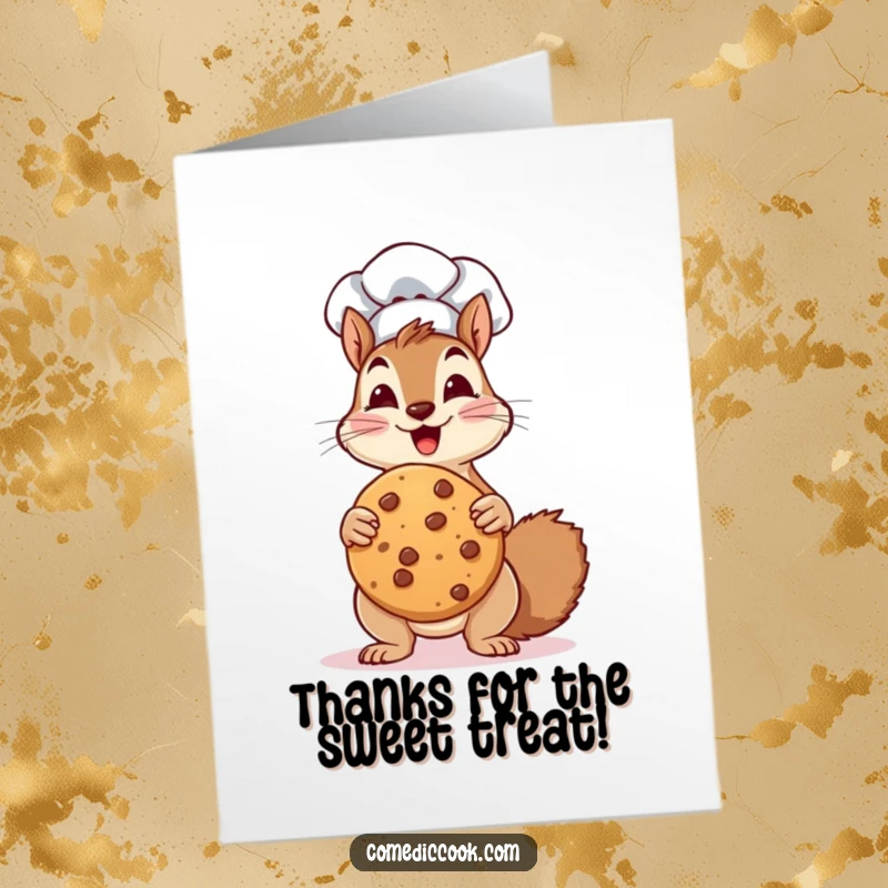 Funny Free Printable Thank You Card: A squirrel chef holds a giant cookie, offering a delightful and humorous thank you.