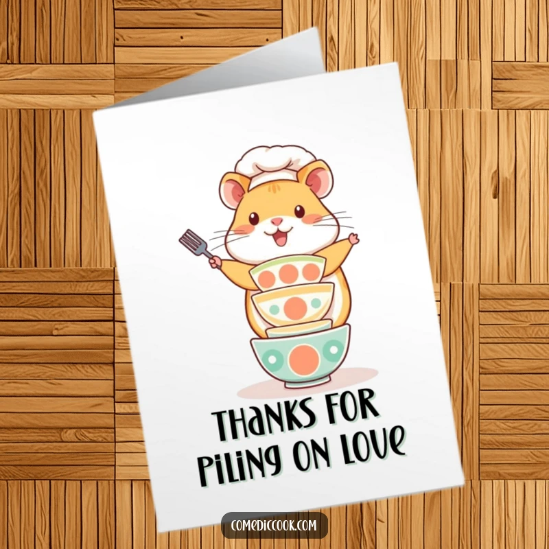 Funny Free Printable Thank You Card with a playful Kawaii hamster chef balancing tiny bowls, conveying thanks.