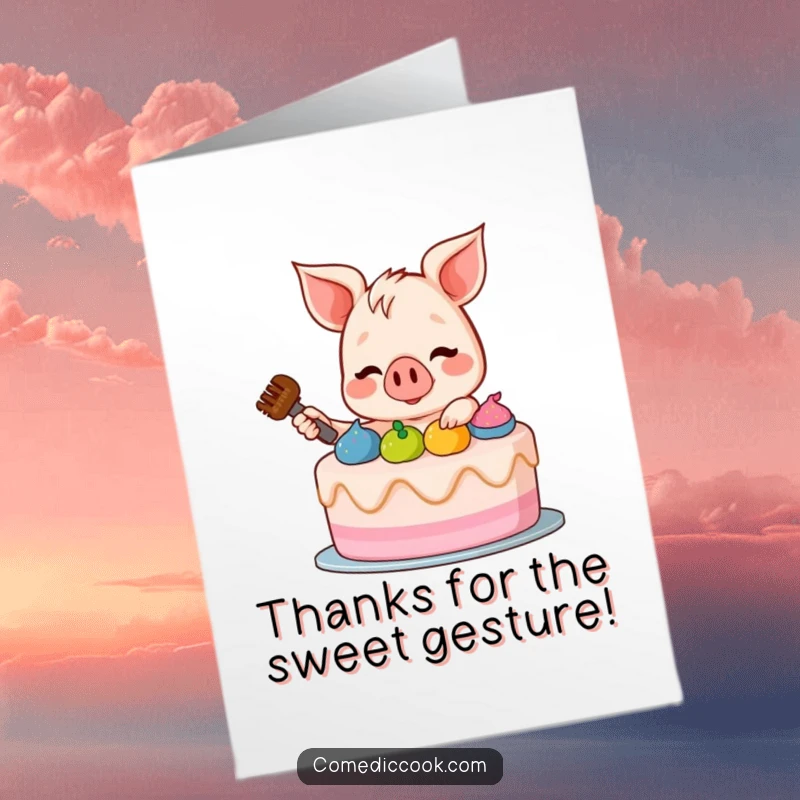 Funny Free Printable Thank You Card: A cheerful piglet offers a freshly decorated cake as a sweet token of appreciation.