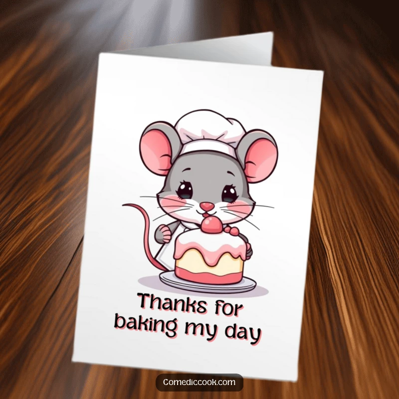 Funny Free Printable Thank You Card with a determined Kawaii mouse chef holding a mini cake, expressing heartfelt thanks with a smile.