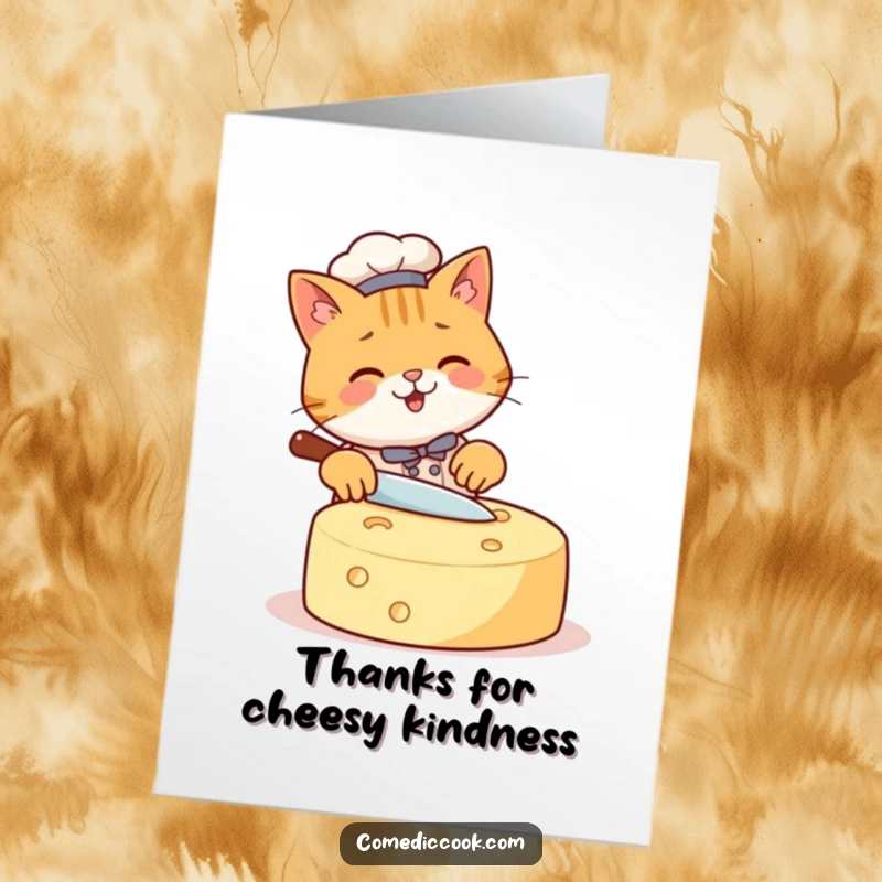 Funny Free Printable Thank You Card: Happy cat chef joyfully slicing a giant cheese wheel, expressing thanks with a cheesy pun.