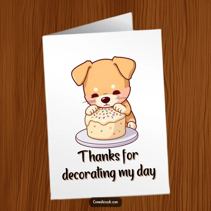 Funny free printable thank you card: a dog meticulously decorates a small cake with sprinkles, a charming downloadable art.