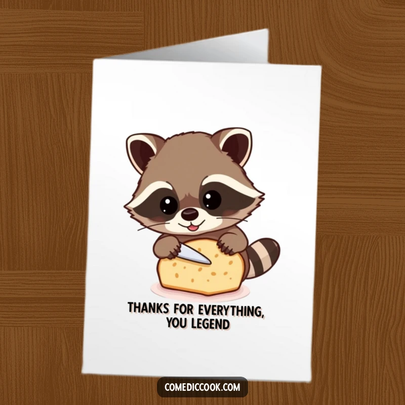 Funny Free Printable Thank You Card: A beaming raccoon carefully slices a loaf of bread, offering a heartfelt thank you.
