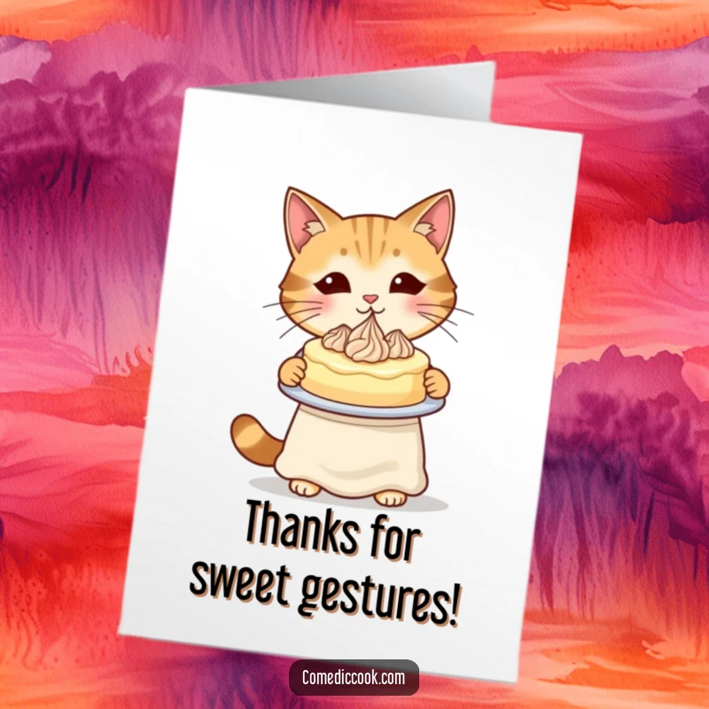 Funny Free Printable Thank You Card: Cat baker offering a cake, showing thanks, sweet gesture, download.