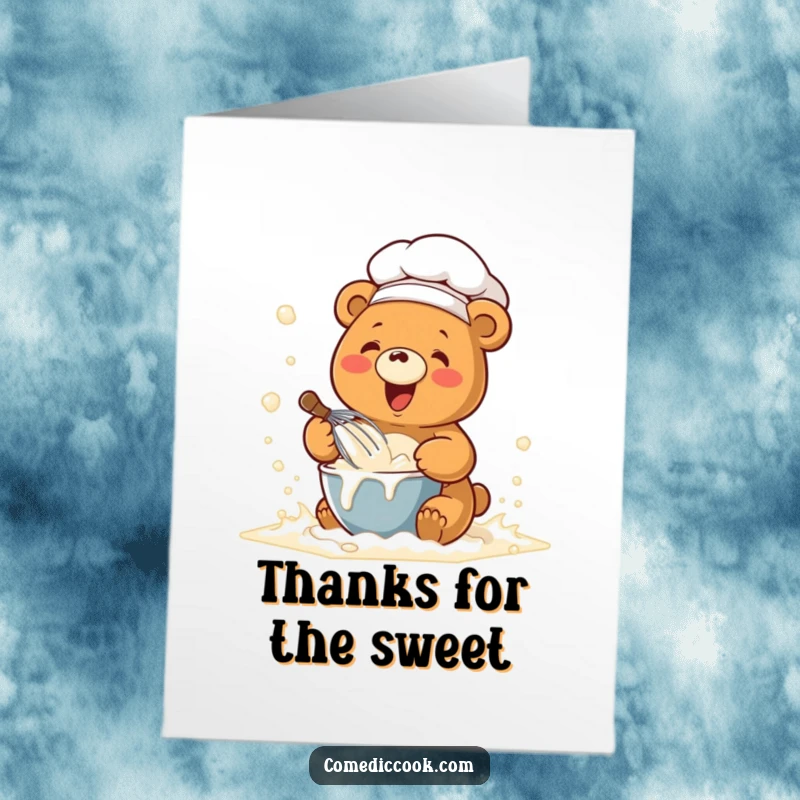 Funny Free Printable Chef Bear Thank You Card: Kawaii bear chef offering thanks with a sweet baked good.