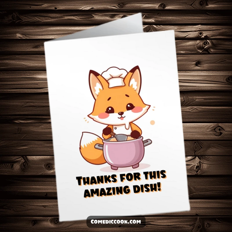 Funny Free Printable Kawaii Fox Chef Thank You Card, looking frantic, stirring dinner, for a cute downloadable gift.